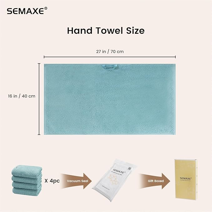 SEMAXE Bathroom Hand Towel, 100% Cotton Towels with Hanging Loops, Hotel Spa Quality Highly Absorbent Towel Set of 4, 27" L x 16" W, Blue Hand Towel, Gift Box Packaging