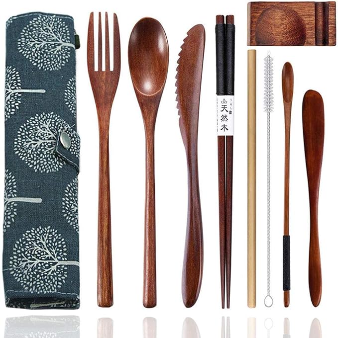 bamboo Utensils for Eating Reusable wooden travel flatware set with Case 9 Pcs durable wooden cutlery wooden spoons forks and chopsticks Wood Flatware Set with Knife Fork Spoon Chopsticks Straw
