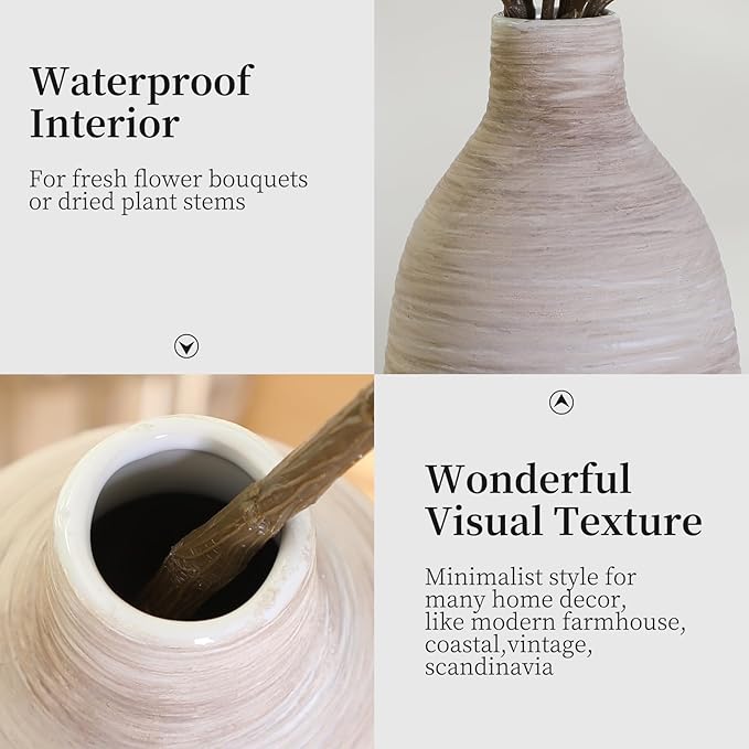 ALMA 2025 Updated 11 in Tall White Beige Vase for Boho Home Decor, Thin Ceramic Vase for Single Rose, Pampas Grass, Decorative Rustic Vase for Flowers, Dining Table Centerpieces,Table Top Decoration