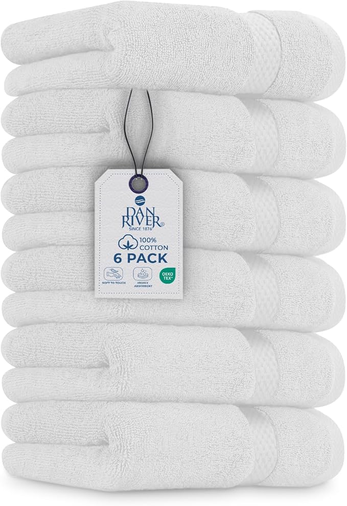 DAN RIVER 6-Pack Premium Hand Towels (16x28 Inches) - 100% Cotton, Ultra Soft, Lightweight, Highly Absorbent Towels for Bathroom, Spa, Gym, Salon, Hotel, and Travel - 550 GSM – White