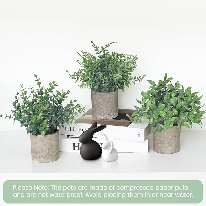 3 Pack Small Fake Plants, Artificial Eucalyptus, Boston Fern & Boxwood Leaves with Gray Paper Pulp Pots, Small Potted Faux Greenery for Home Decor, Bathroom, Shelf, Indoor&Outdoor Decoration