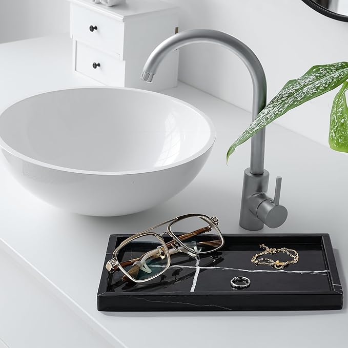 Amauto Natural Marble Vanity Tray Genuine Stone Storage Perfumes Tray Real Luxurious for Home Decor Bathroom/Vanity/Dresser Non-Resin/Non-Ceramic (Black)