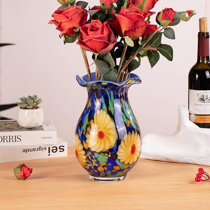 KAMMAK Colored Glass Vase, Beautiful Hand Blown Decorative Vase, Modern Art Vase for Flower Mantle Dining Table Centerpiece, Entryway Living Room Wedding Decoration, FH028