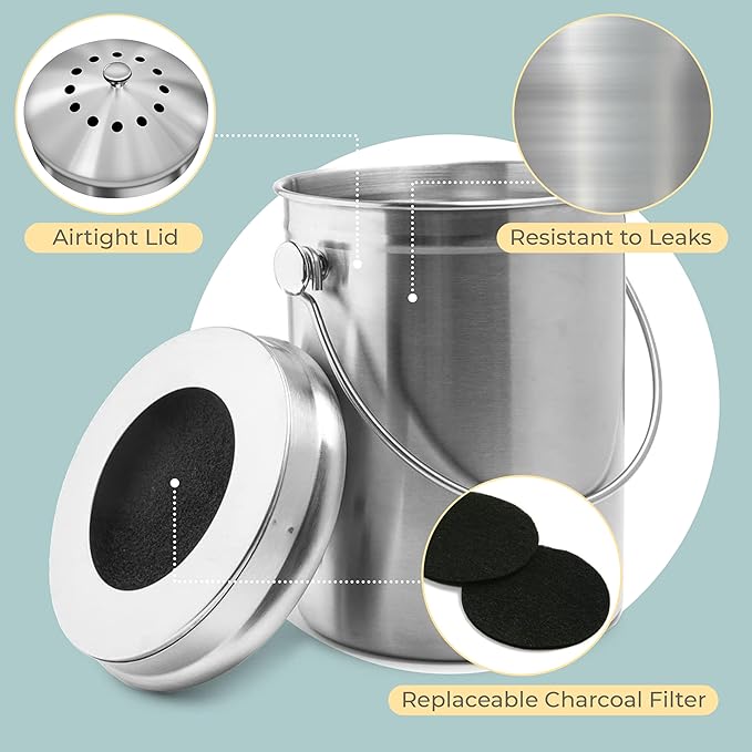 EPICA Countertop Compost Bin Kitchen | 1.3 Gallon | Odorless Composting Bin with Carbon Filters | Indoor Compost Bin with Lid | Stainless Steel Kitchen Composter for Food Scraps & Waste Recycling