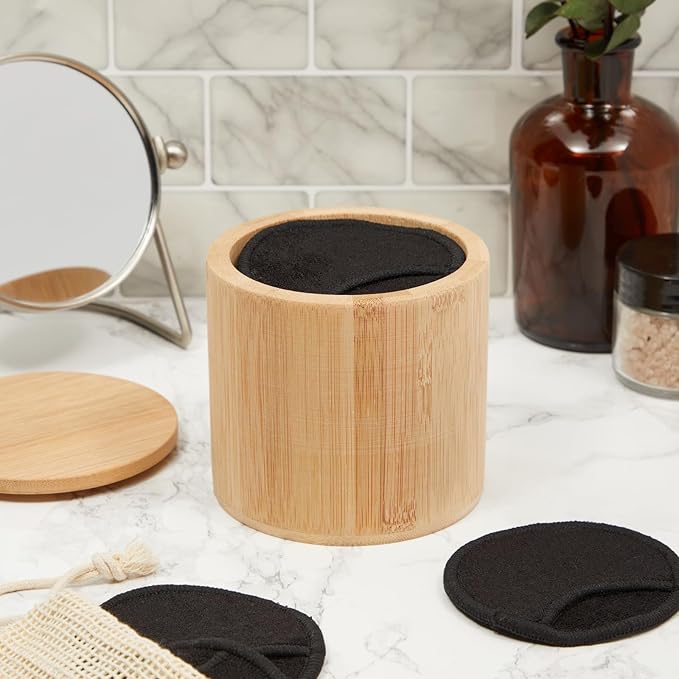 18 Pack Reusable Cotton Rounds for Makeup Removal with Bamboo Holder and Mesh Storage Bag (Black)