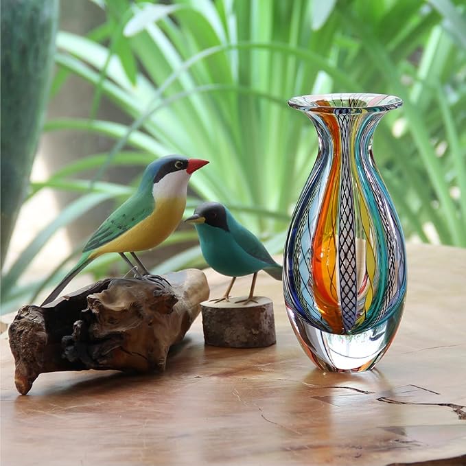 Ca D Oro Small Glass Vase Boho with Colored Canes Hand Blown Murano-Style Art Glass - Model Nº 2