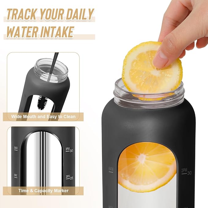 32 oz Glass Water Bottles - 1 Liter Motivational Tumbler Water Bottle Time Marker - Borosilicate Glass Water Bottle With Silicone Sleeve and 2 Lids, Handle Spout & Bamboo Straw Lid