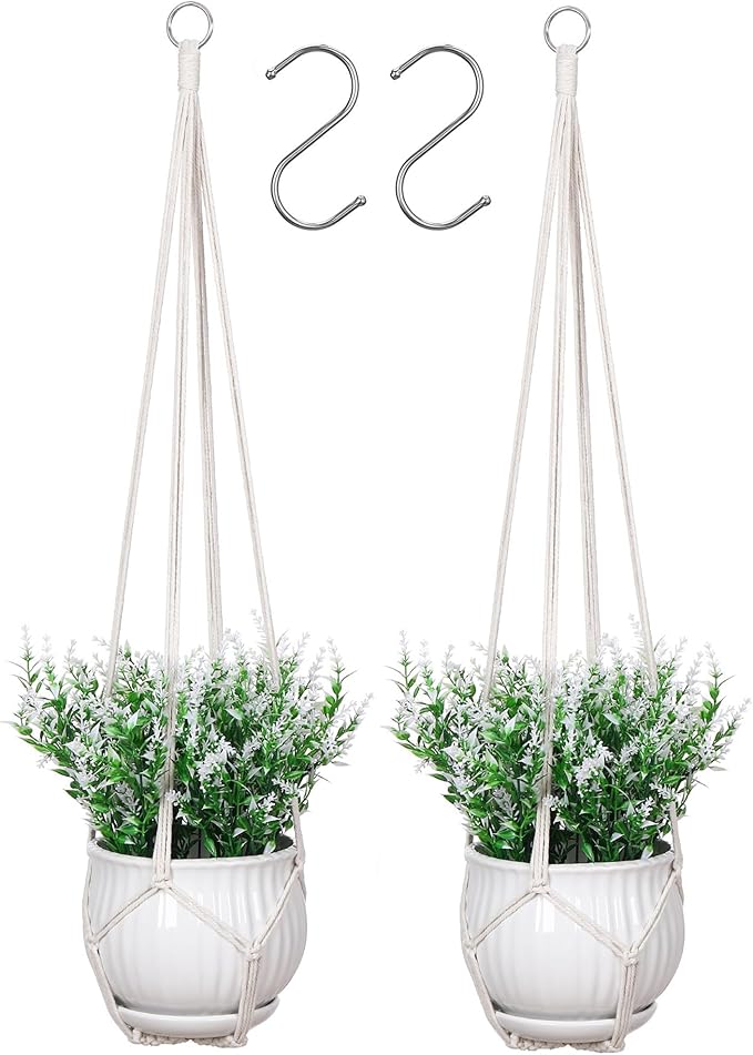 YIBOT Macrame Plant Hanger Indoor Set of 2 with 2 S Hooks, Indoor Outdoor Hanging Planter for Plants Holder with Decorative No Tassels, Boho Home Decor, 35 Inch, Ivory (Pots Not Included)