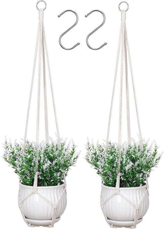 YIBOT Macrame Plant Hanger Indoor Set of 2 with 2 S Hooks, Indoor Outdoor Hanging Planter for Plants Holder with Decorative No Tassels, Boho Home Decor, 35 Inch, Ivory (Pots Not Included)