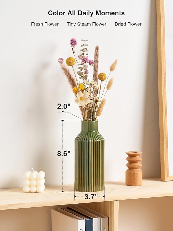 Green Ceramic Flower Vase, Minimalist Home Decoration, 8 Inch Small Pampas Grass Vases for Kitchen, Bedroom, Office, Living Room, Bathroom, Shelf Centerpiece Table