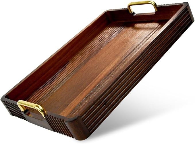 Acacia Wood Serving Tray with Metal Handles – 17x12in Rustic Decorative Ottoman & Coffee Table Tray for Breakfast in Bed, Dinner, Bar, Kitchen, Home Décor & Entertaining