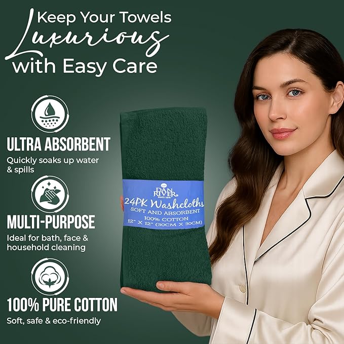DAN RIVER 100% Cotton Wash Cloths 24 Pack [12x12] Soft & Absorbent washrags, Gym, Hotels & Spa Perfect for Everyday Use Fingertip Towels, Hunter Green
