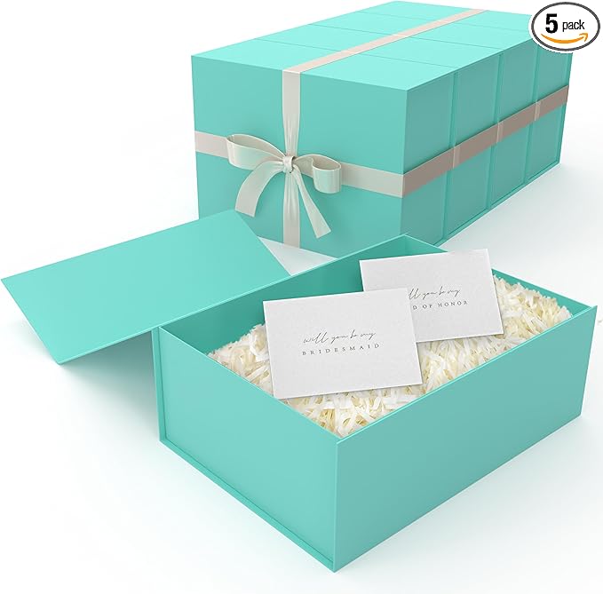 Gift Box Set - Bridesmaids Gifts for Wedding (5 Pack - Teal), All Occasions, Bridesmaid Proposal, Magnetic Boxes With Lids, Big Set For Bridal, 13.5 x 9 x 4.5 inches, Teal GiftBox