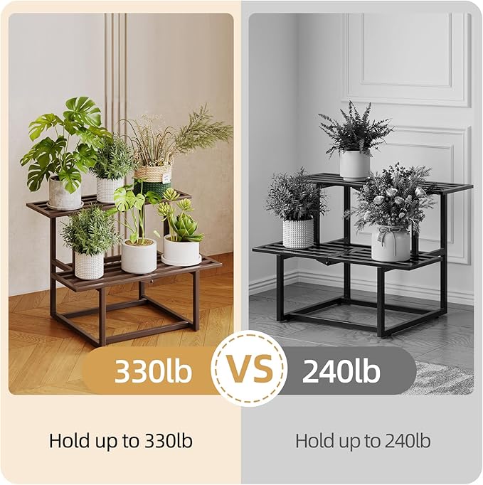 Metal Plant Stand Indoor, Outdoor Iron Plant Shelf, Heavy Duty Slatted Display Shelf for Patio Balcony Garden Living Room Load Bearing 330 LB 26" L x 20.2" H x 17.7" W 2 Tier Coffee