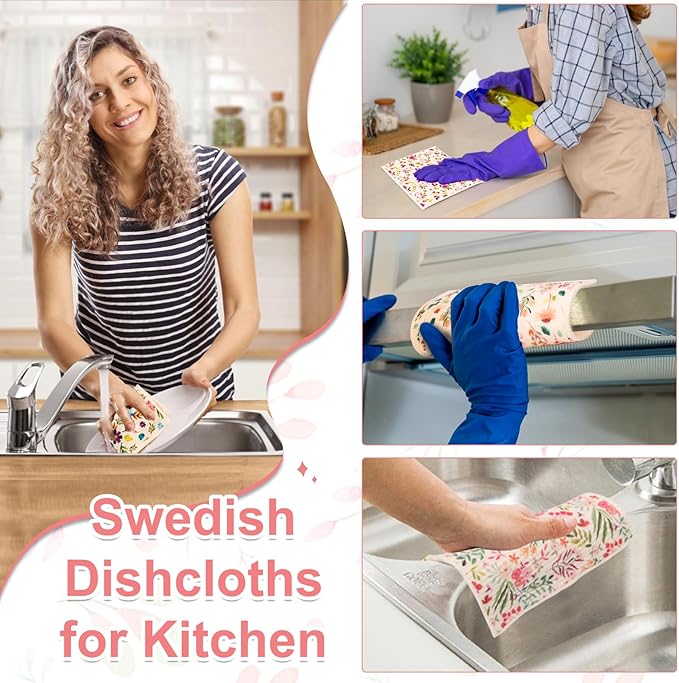Lucomb 10 Pack Swedish Dishcloths with Hooks, Cellulose Reusable Kitchen Towels Super Absorbent Paper Towels Dish Cloth for Home Kitchen Dishes Cleaning (Quick Drying & Washable Decorative)