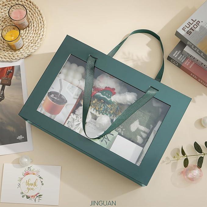 Large Green Clear Gift Box, 13.5x9x4.1 Inches Gift Box with Window by Handle, Bridesmaid Proposal Box, Collapsible Gift Box with Magnetic Closure (Glossy Green, 1 Pack)