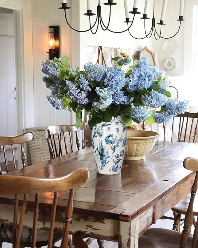 Ceramic Vintage Flower Vase, 9.8 Inch White and Blue Rustic Vases for Home Decor, Handcrafted Farmhouse Tall Vases for Living Room, Table, Bathroom, Chinoiserie Decoration