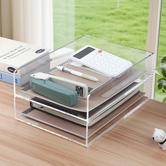 4 Pack Acrylic Paper Tray Organizer for Desk Clear File Organizer,Acrylic Desk Organizers and Accessories Sorter,Perfect for File Paper, Ipad, Letter, A4 Office File, Books, Notes.(Vertical)