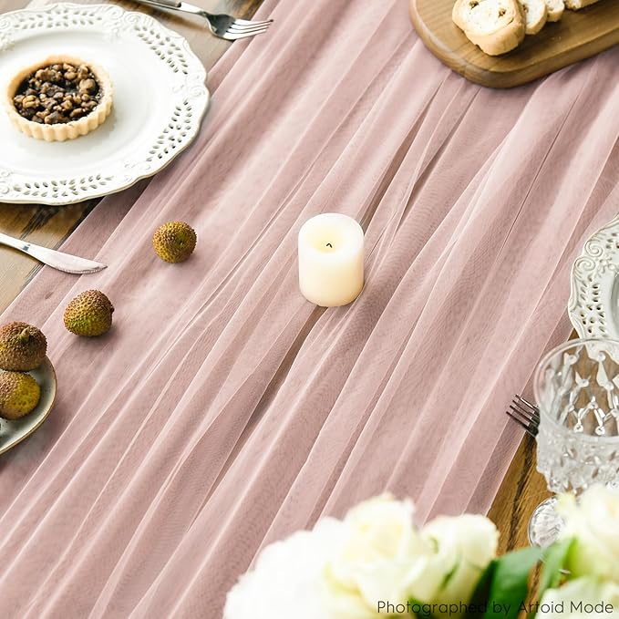 Artoid Mode 6PCS Dusty Rose Gauze Table Runner 120 Inch 10FT, Seasonal Sheer Kitchen Dining Holiday Wedding Birthday Baby Shower Table Decor for Home Party