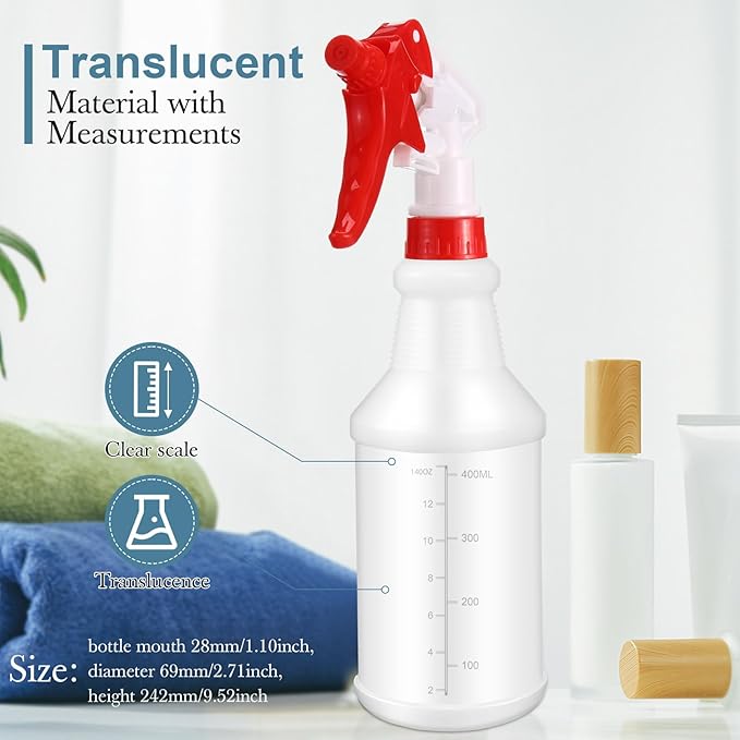 Eccliy 20 Pack 16oz Empty Spray Bottles, Leakproof Cleaning Bottles with Measurement and Adjustable Nozzle for Housekeeping, Commercial Use(Cylinder,3 Colors Spray Head)