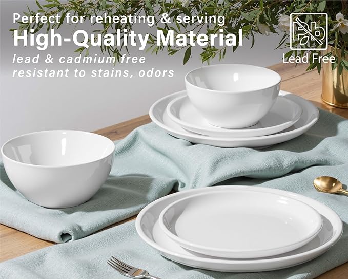 ONEMORE Plates and Bowls Set for 4 - Microwave & Dishwasher Safe Porcelain Dinnerware Set Service for 4 - Ceramic Dishes Set(12 Pcs) - White
