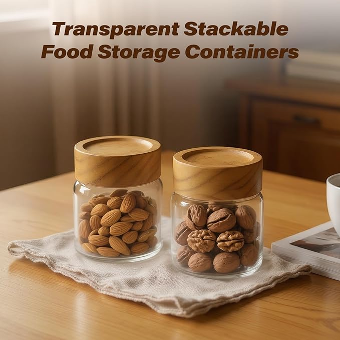 6-Pack 6 oz Airtight Food Sealed Jars with Acacia Wood Lids - Glass Meal Prep Containers for Overnight Oats, Snack Storage, Chia Pudding, Pantry Organization Essentials