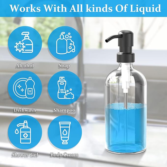 ARKTEK 2 Pack Refillable Glass Soap Dispenser - Rust Proof Stainless Steel Pump, 17 Oz/ 500 ML, Black