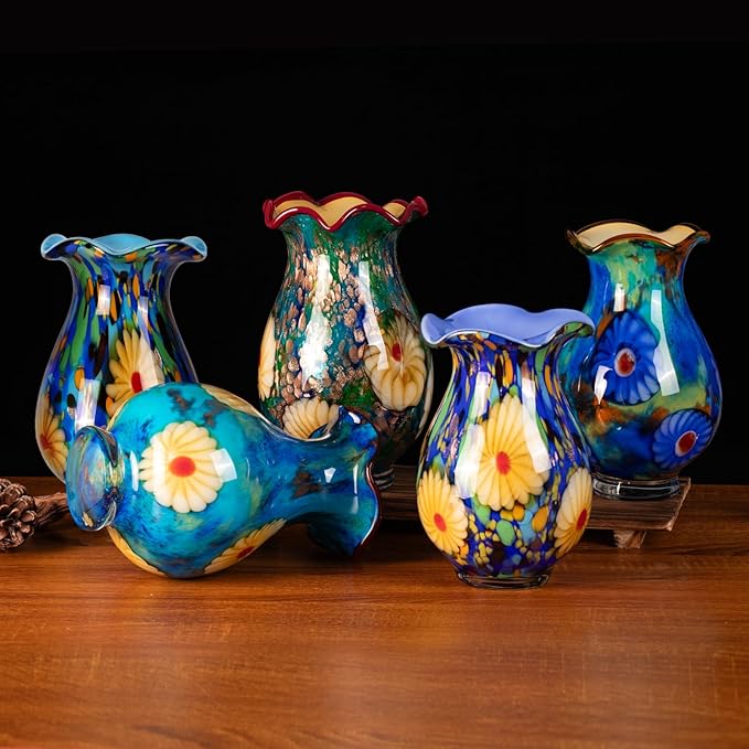 KAMMAK Colored Glass Vase, Beautiful Hand Blown Decorative Vase, Modern Art Vase for Flower Mantle Dining Table Centerpiece, Entryway Living Room Wedding Decoration, FH027