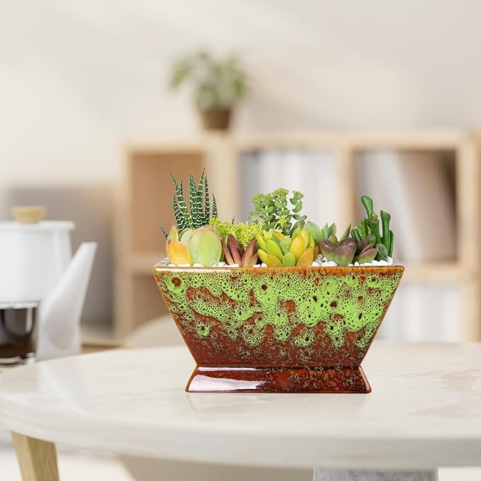 ARTKETTY Succulent Pots - 7 Inch Large Plant Pot with Drainage, Shallow Bonsai Pots Ceramic Succulent Planters for Indoor Outdoor Plants, Modern Cactus Pot Decorative Home Office