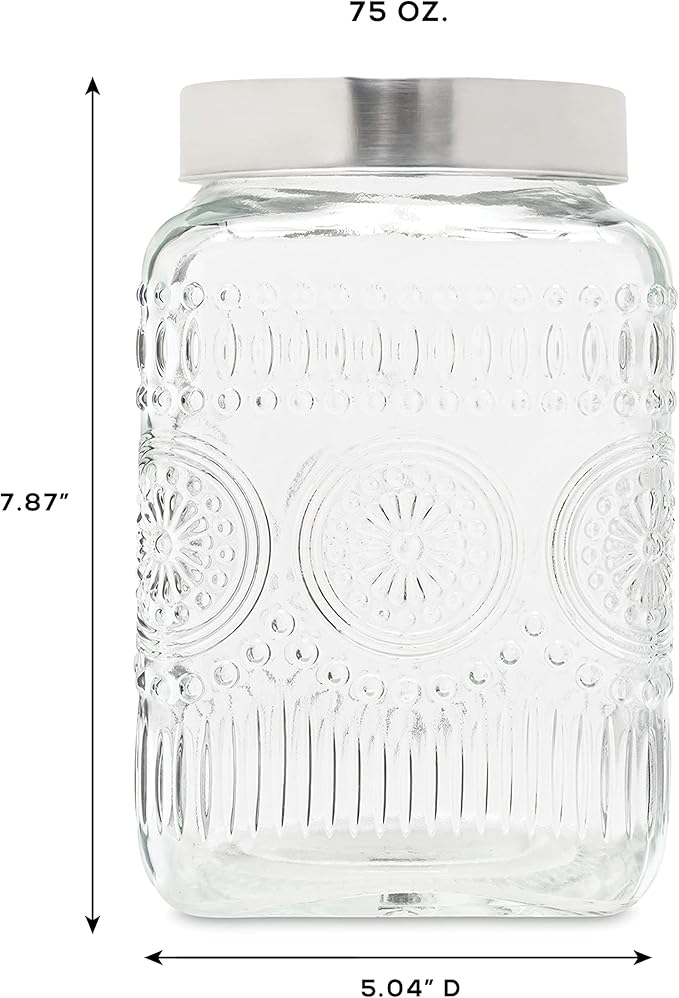 Style Setter Canister Set Decorative Glass Jars Chic Retro Floral Design with Airtight Lids for Cookies, Candy, Coffee, Flour, Sugar, Rice, Pasta, Cereal and More (Medallion Square)