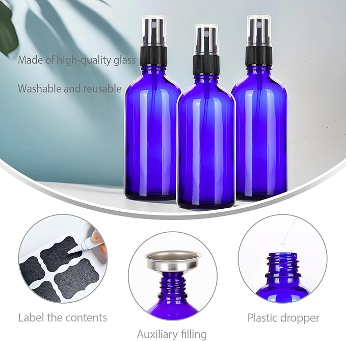 3.4 oz Glass Blue Spray Bottles,Small Empty Fine Mist Refillable Travel Spray Bottle for Cleaning,Perfume,Aromatherapy,Cosmetic Sprays,Hair,Essential Oils with Fine Mist Dispenser（6 Pack）