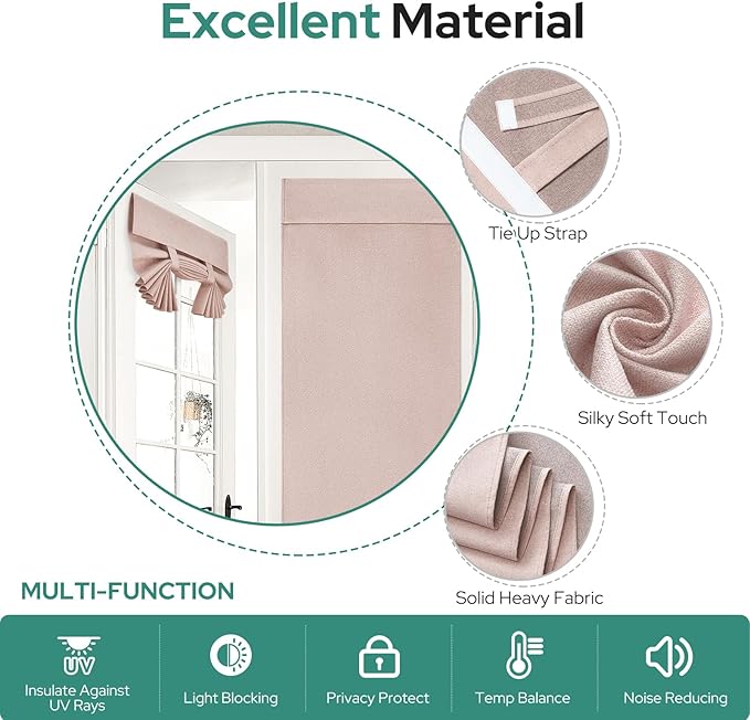 HOMEIDEAS 100% Linen Blackout French Door Curtains, Privacy Door Window Curtains, 26 X 40 Inch Room Darkening Blinds, Thermal Insulated Shades for Bedroom, 1 Panel, Blush Pink