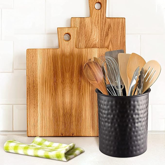 Monarch Abode Hand Hammered Kitchen Utensil Holder for Kitchen Counter, Spatula, Ladle, and Large or Small Spoon Holder, Decorative Cooking Utensil Crock Organizer for Countertop, Matte Black