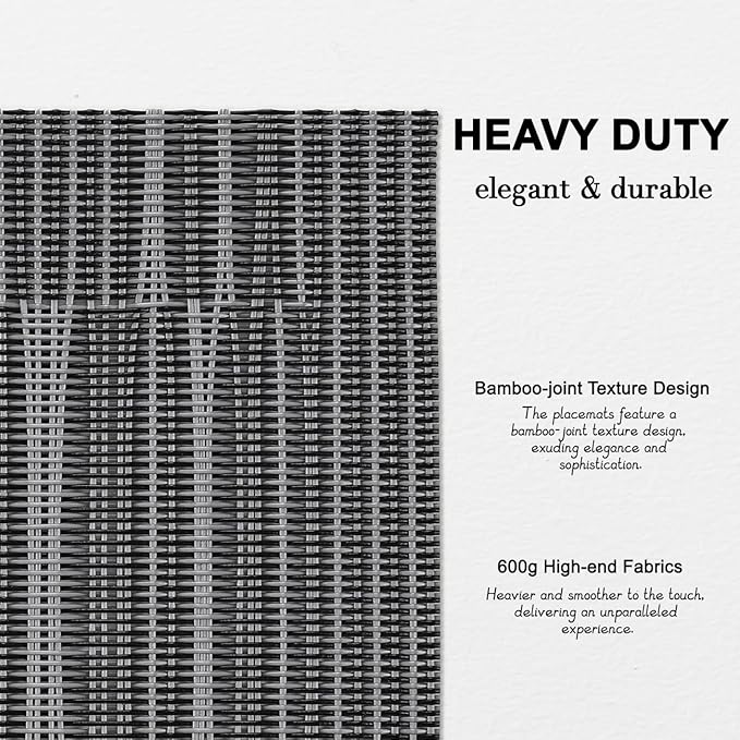 Placemats Set of 4, Vinyl Woven Place Mats Indoor Set of 4 Washable Wipeable PVC Table Mats Heat-Resistant Non Slip Plastic Placemat for Kitchen Dining Outdoor Table (Gray Black, Set of 4)