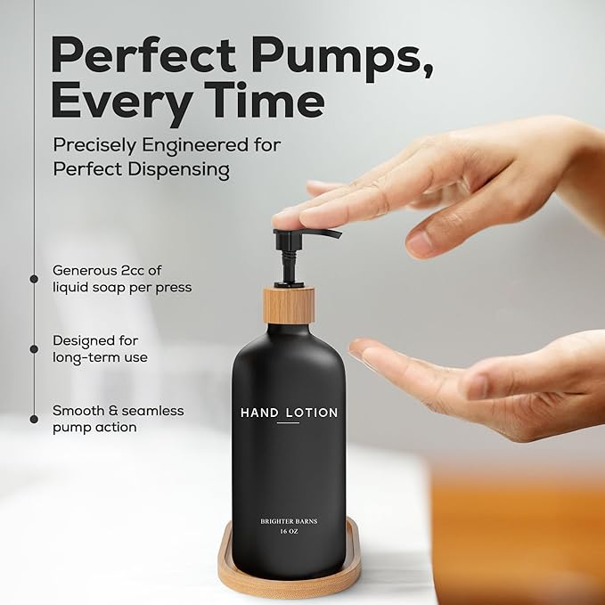 Black Glass Lotion Dispenser with Pump by Brighter Barns - Hand Lotion Dispenser Bathroom Set with Tray - Luxury Bathroom Accessories Set, Modern Home Decor for Spa, Office, Living Room, Hotel (Black)