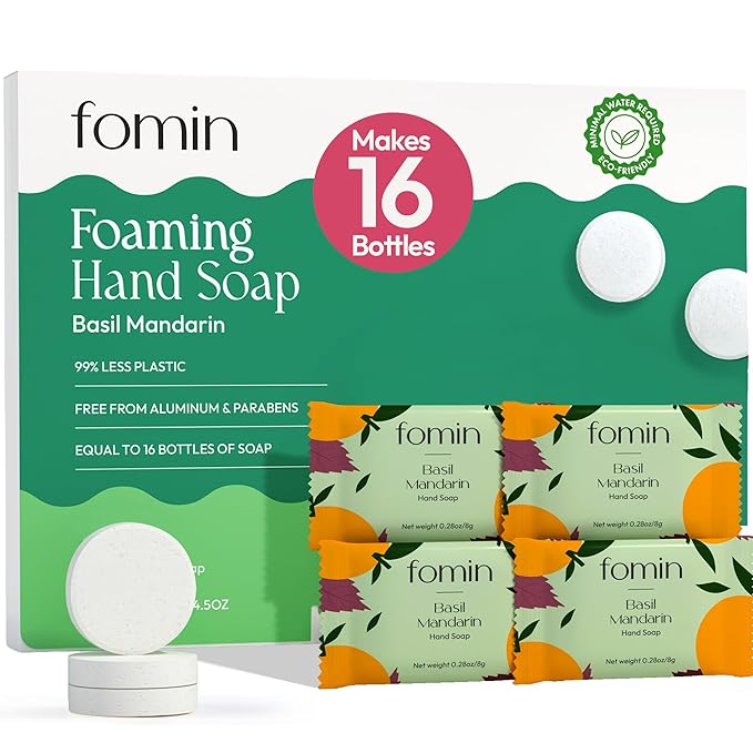 FOMIN Foaming Hand Soap Refills (16 Pack) - Basil Mandarin Foaming Hand Soap Tablets - Skin Friendly Foam Soap Refill for Hand Wash - Makes 128 fl oz (16 x 8 fl oz)