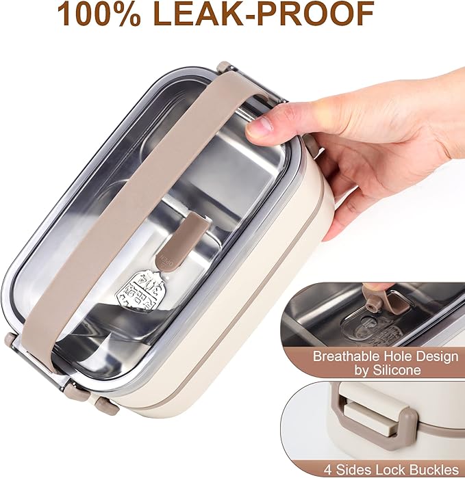 Stainless Steel Bento Box for Adults&Kids,Japanese Leakproof Lunch Box Divided Food Meal Storage Containers Set Stackable 2 Layer for Children School Picnic Beige