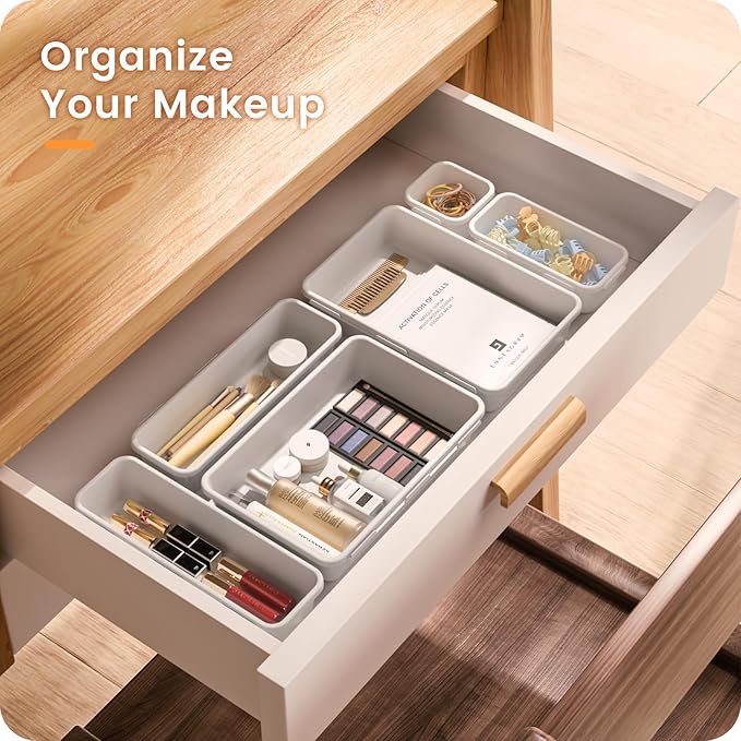 A-LuGei 【𝟮𝟴𝗣𝗖𝗦】 【𝟱𝗦𝗶𝘇𝗲】 White Drawer Organizer, Makeup organizer, 【Holds 177 Items】 Bathroom Organizers and Storage, Plastic Desk Organizer Divider, Organizer Bins for Office Vanity
