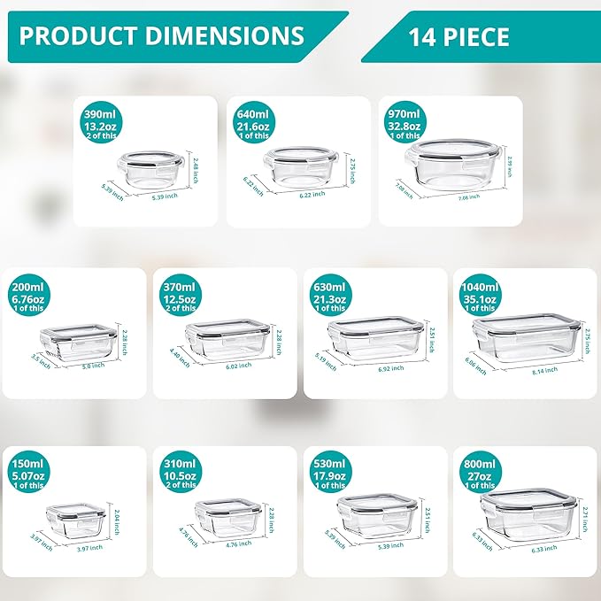 Sorbus Glass Meal Prep Containers, Dishwasher and Oven Safe Reusable Meal Prep Containers, Freezer Safe Glass Food Storage Containers with Airtight Lids