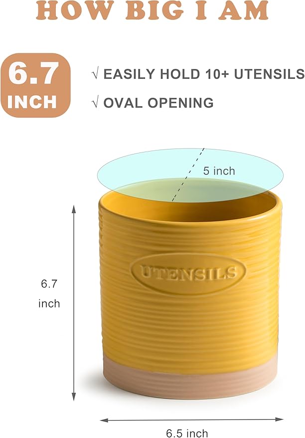 YHOSSEUN Kitchen Utensil Holder for Countertop, Ceramic Utensil Holder for Kitchen Counter, Cooking Utensil Crock for Spatula, Oval Shape, Yellow