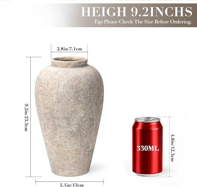 Ceramic Flower Vase Home Decor - 9.2 inch Large Farmhouse Table Vases, Rustic Decorative Vases for Kitchen Living Room Coffee Dining ShelfMantel Decoration