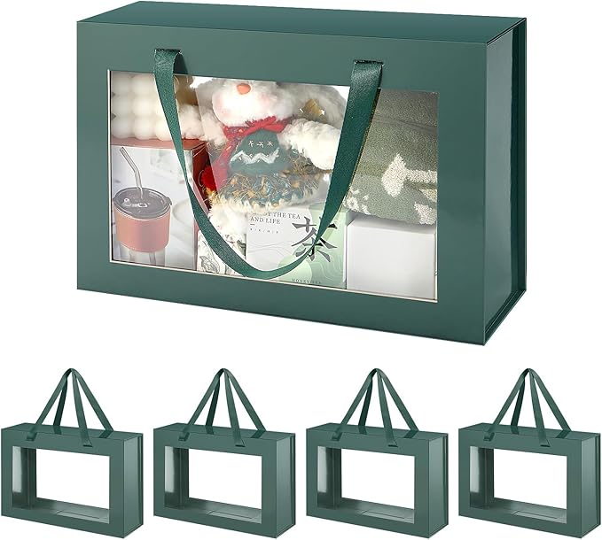 Large Green Clear Gift Boxes, 13.5x9x4.1 Inches Gift Boxes with Windows by Handles, Bridesmaid Proposal Boxes, Collapsible Gift Boxes with Magnetic Closure (Glossy Green, 5 Pack)