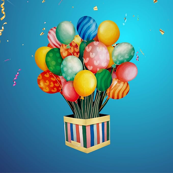 Freshcut Paper Pop Up Cards, Colorful Birthday Balloons, 12 Inch 3D Popup Greeting Card, Cards for Birthdays, Happy Birthday Card, Blank Notecard & Envelope