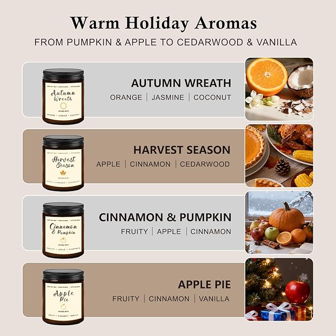Holiday Candle Gift Set – Cinnamon Pumpkin, Apple Vanilla, Orange Jasmine Coconut, Cedarwood Spice – Long Lasting Soy Candles for Home, Thanksgiving & Christmas Gifts for Women