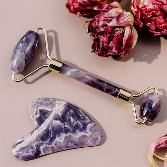 ROSELYNBOUTIQUE Gua Sha Facial Tools & Face Roller Original Face Massager for Puffiness Wrinkless Skin Care Routine - Self Care Gift for Men Women (Amethyst)