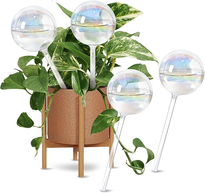 13oz Self Watering Globes (4 Pack),Large Glass Plant Water Bulbs for Vacation, Automatic Drip Irrigation,Iridescent Rainbow Watering Stakes for Indoor & Outdoor Plants (Up to 2 Weeks Hydration)