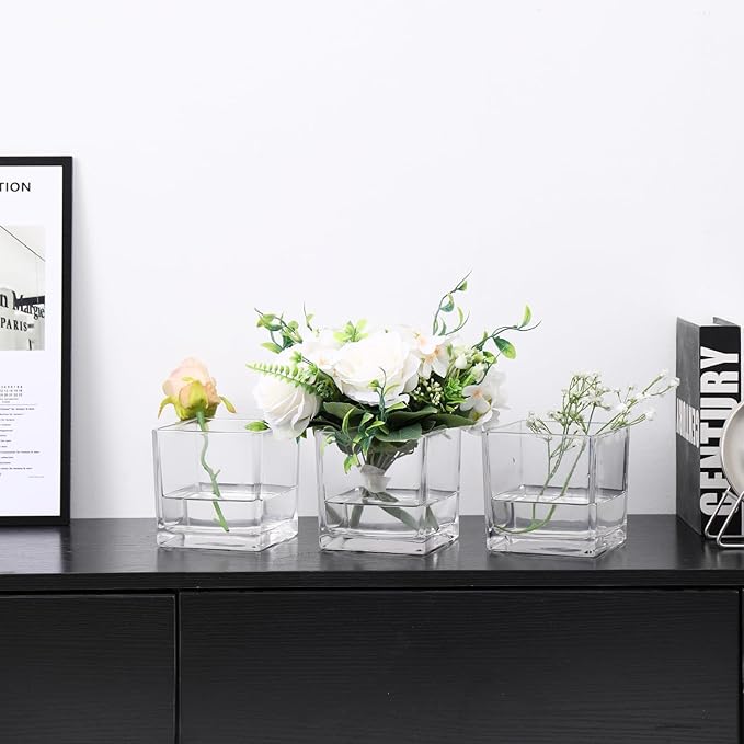 Square Glass Vases Set of 9, 4"x 4"x 4" Flower Vases for Centerpieces, Clear Glass Vase for Flowers, Small Vase for Wedding, Party, Home Office Decoration