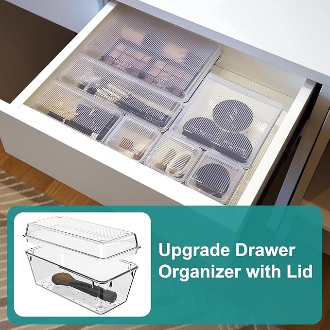 28 Pcs Drawer Organizer for Makeup/Office Supplies/Vanity/Desk Drawer Organizers, Acrylic Organizers, Shallow Drawer Organizers with Lid Design