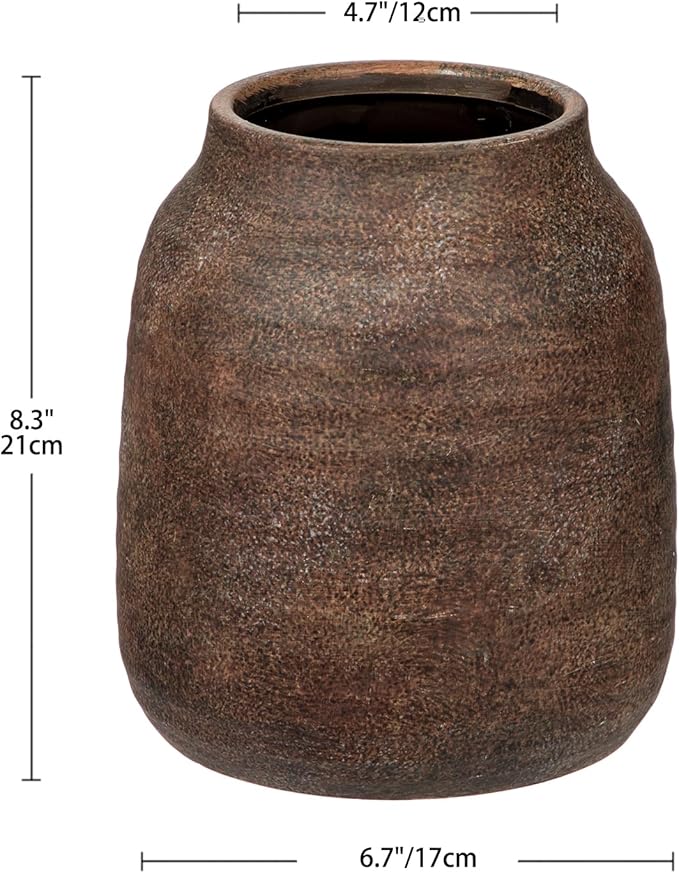 Briful 8.3in Rustic Ceramic Vase, Brown Vintage Flowers Vase, Extra-Large Rustic Farmhouse Vase, Whitewashed Terra Cotta Vase, Antique Pottery Pampas Vase for Home Living Room Kitchen Mantel Decor