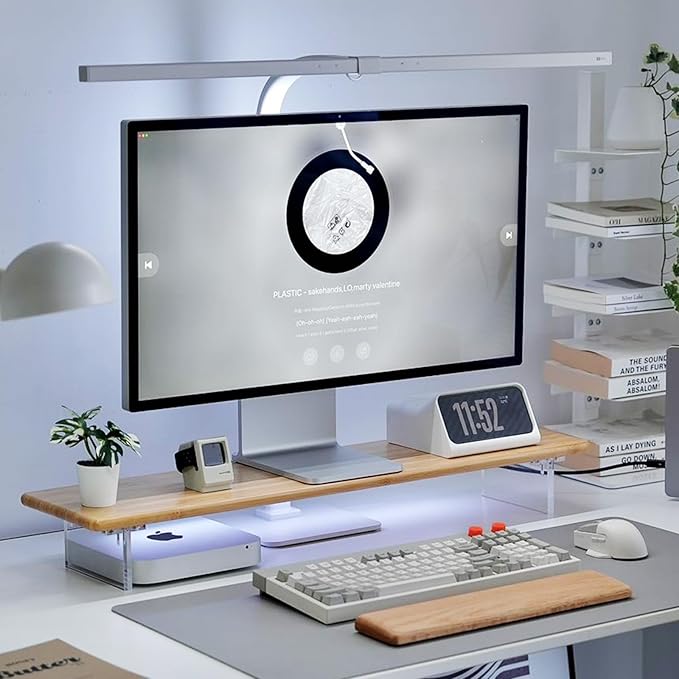 Bamboo Monitor Stand Riser with RGB Lights,31.5 Inches Desktop Shelf with Acrylic Legs Supports for Desk, PC Computer Monitor, Laptops, Printer, Speakers (Natural)